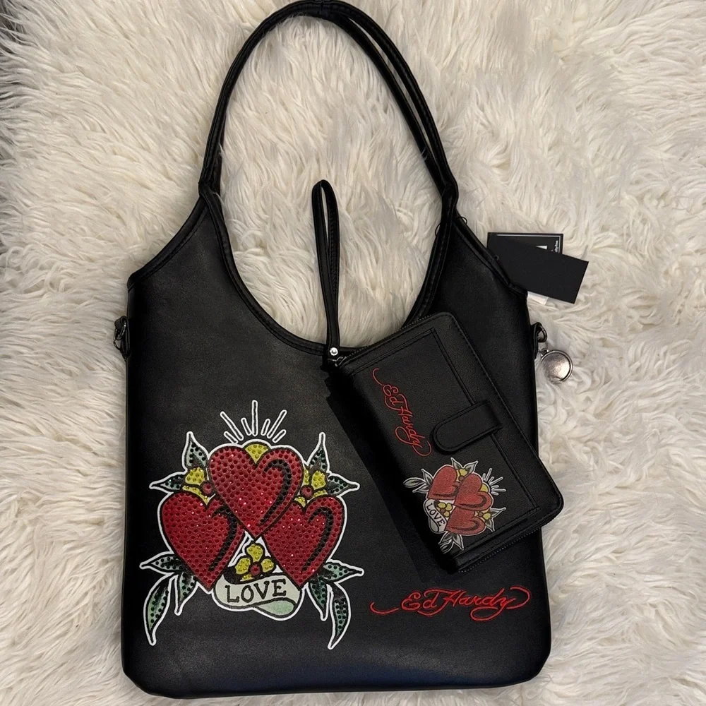 NWT Ed Hardy Black Shoulder Bag and Wallet with Red Heart Motif